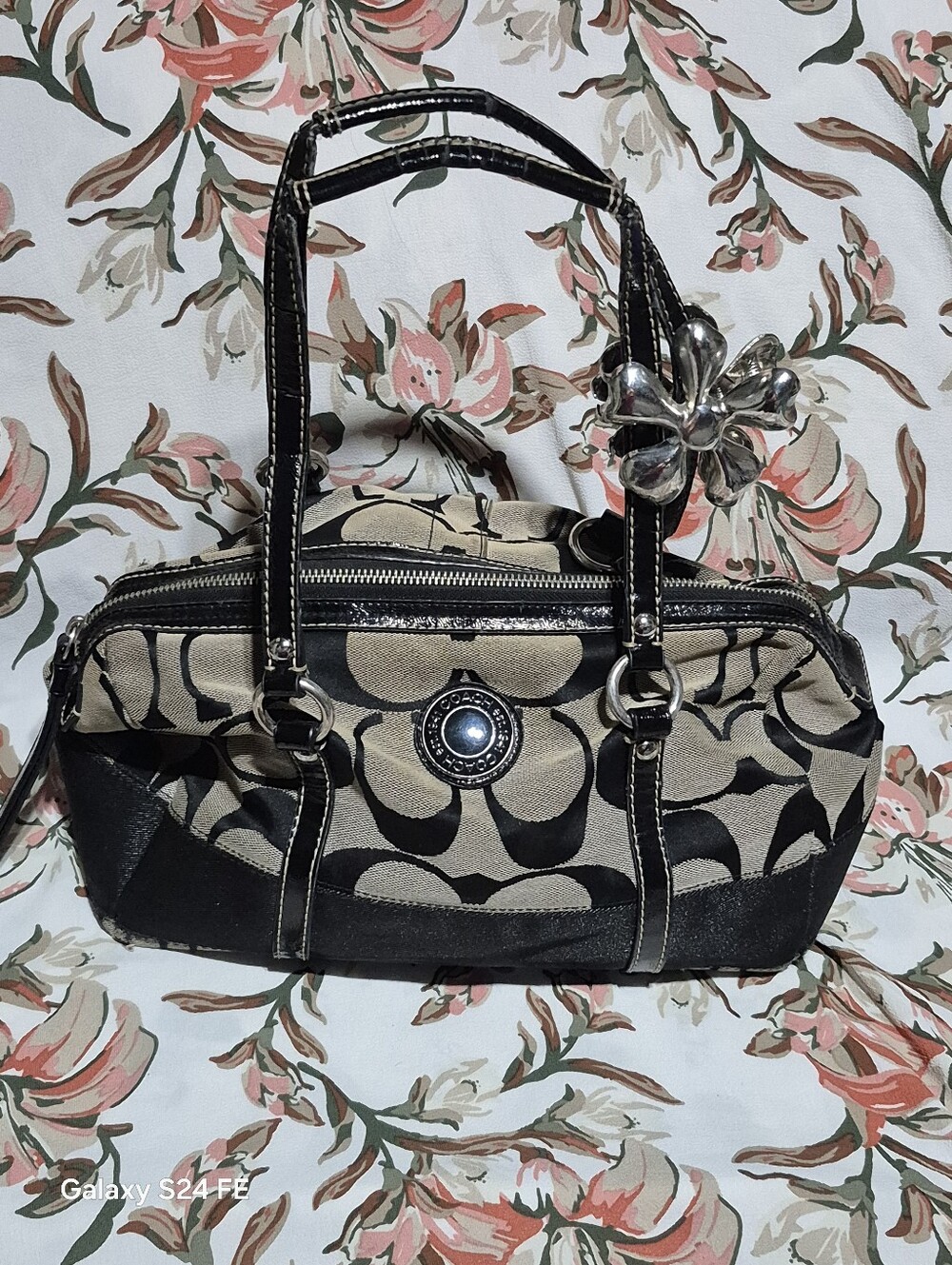 Y2K Coach Black & Beige Signature Floral Accent Satchel